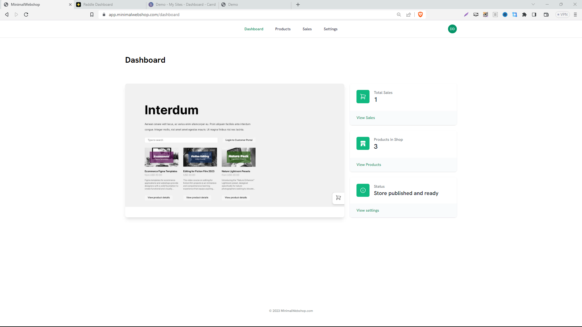 Screenshot of MinimalWebshop Dashboard