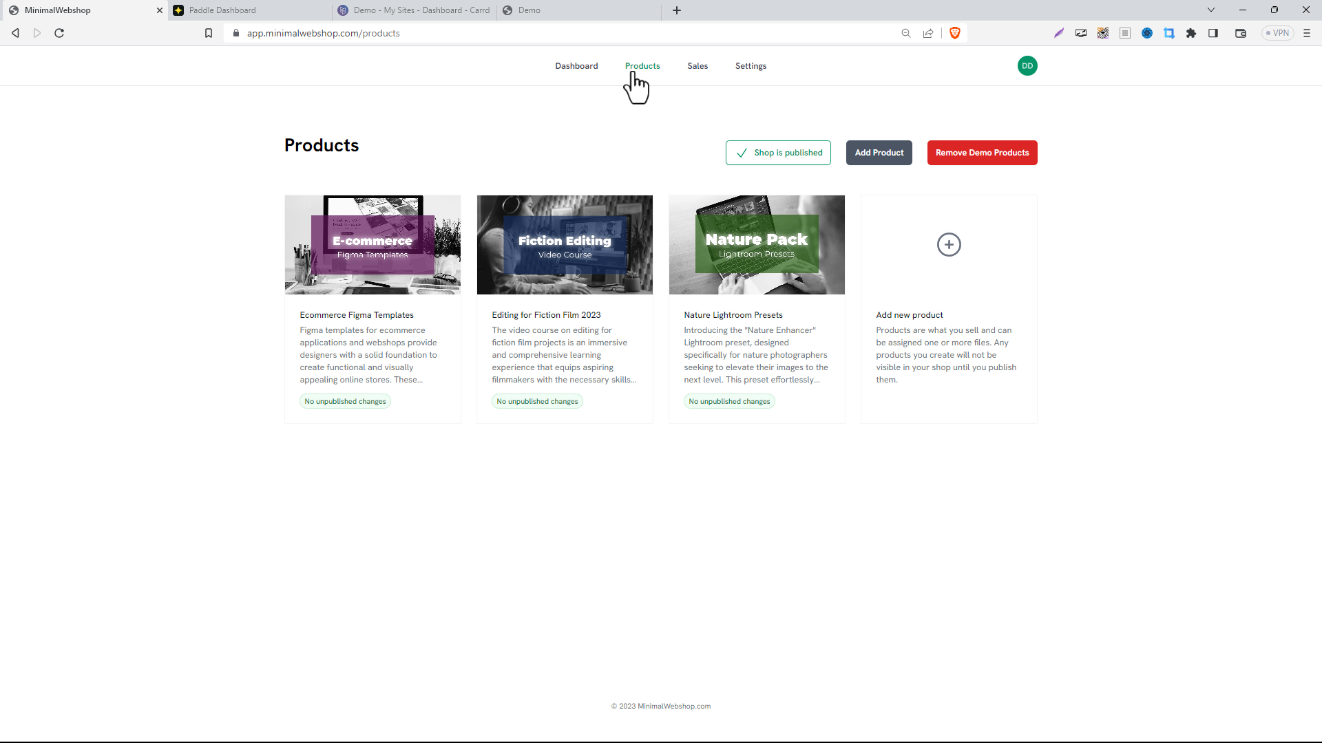 Screenshot of Products Page in MinimalWebshop