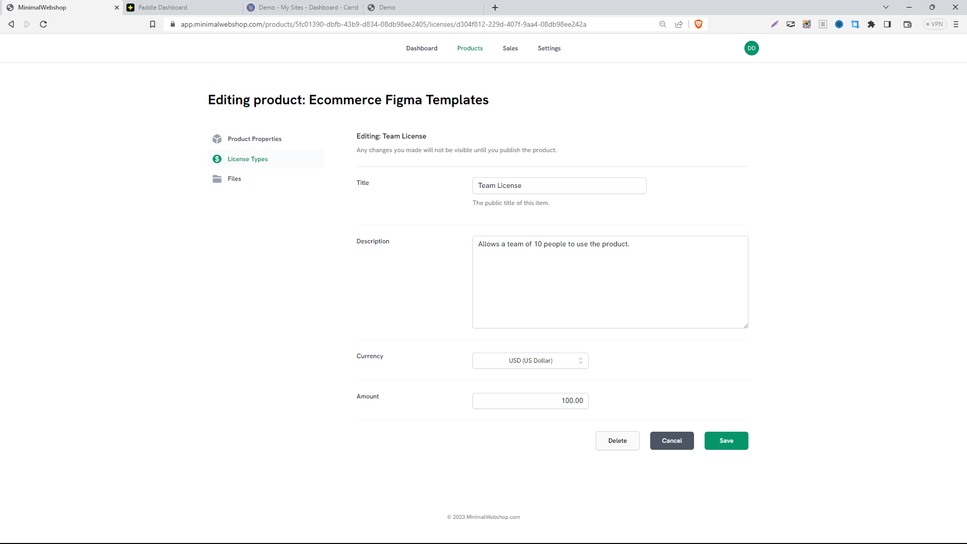 Screenshot of Product Licenses Page in MinimalWebshop