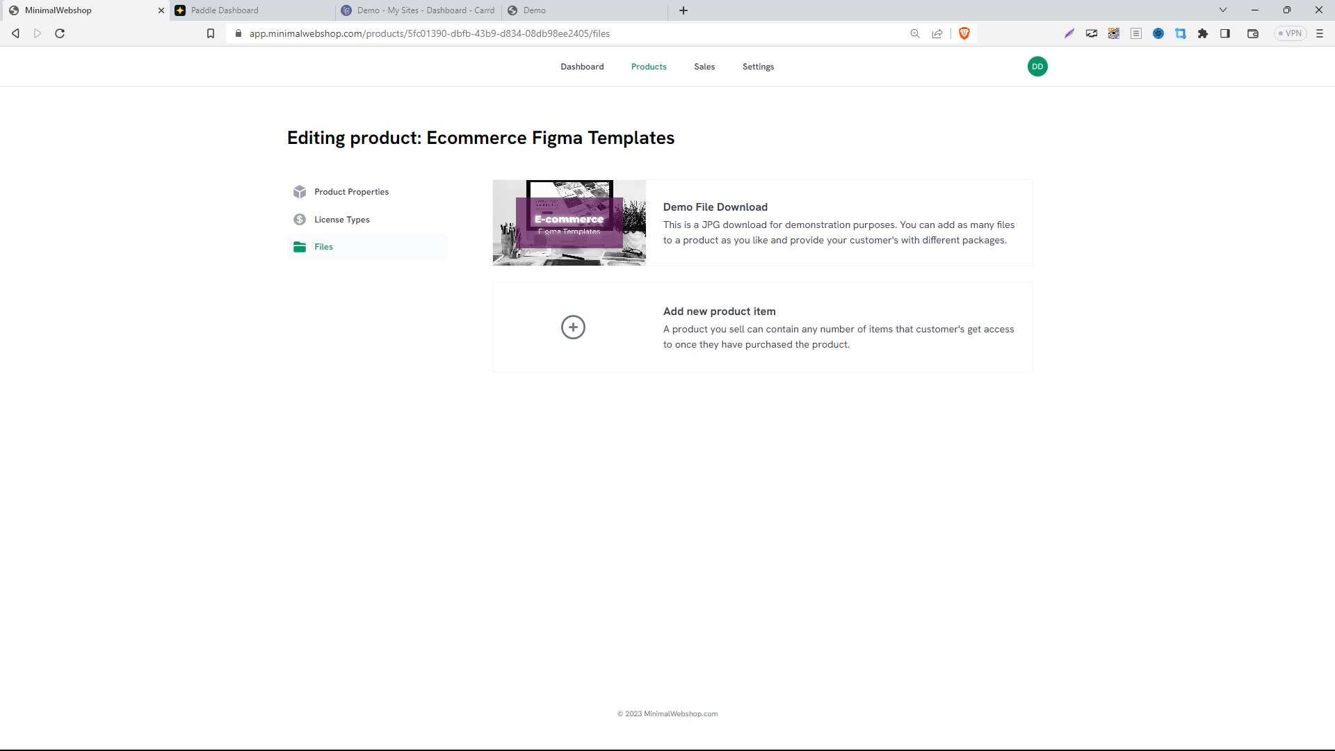 Screenshot of Files Page in MinimalWebshop