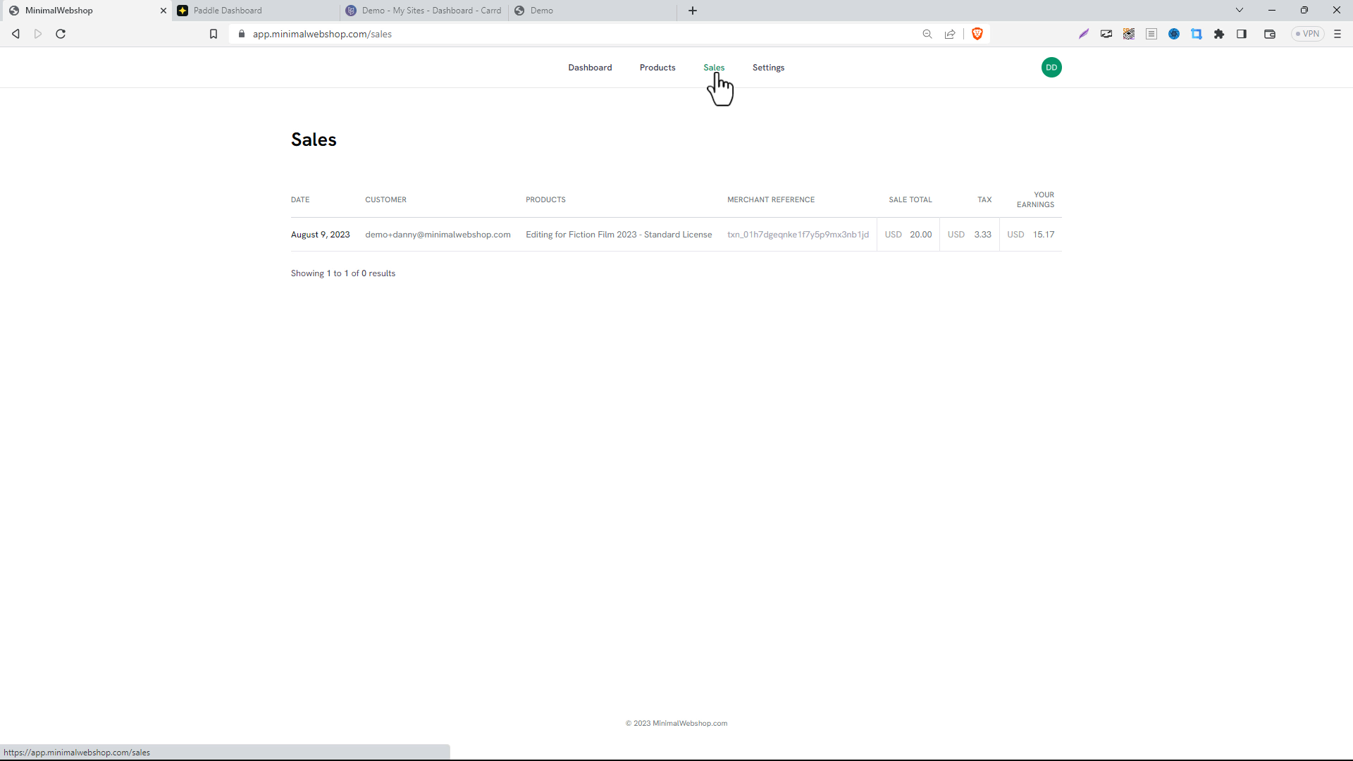 Screenshot of Sales Page in MinimalWebshop