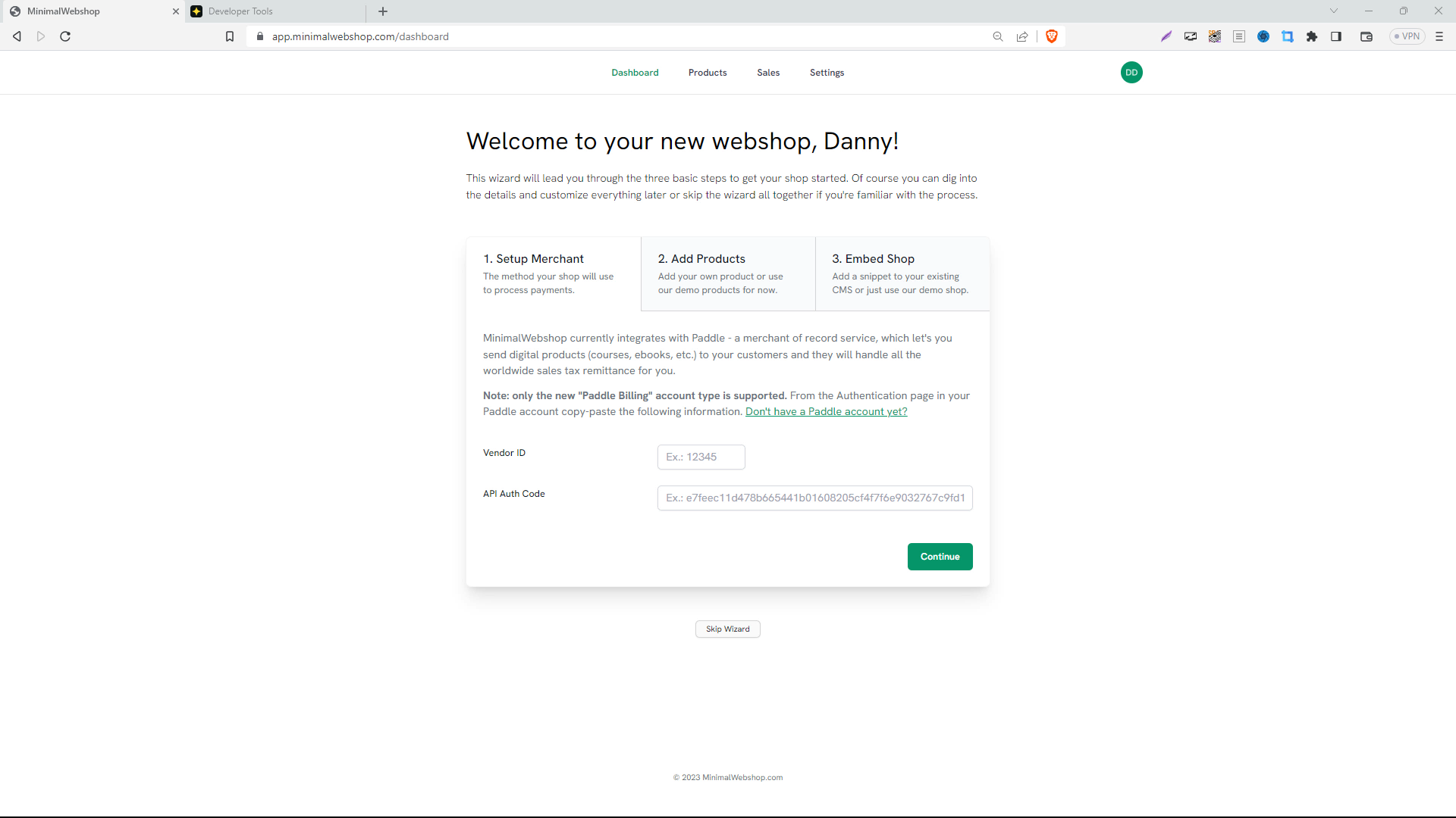 Screenshot of MinimalWebshop Onboarding Wizard